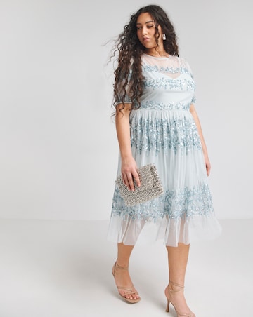 Maya Curve Puff Sleeve Stripe Sequin Embellished Tulle Midi Dress
