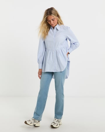 Blue Striped Dip Back Longline Peplum Shirt