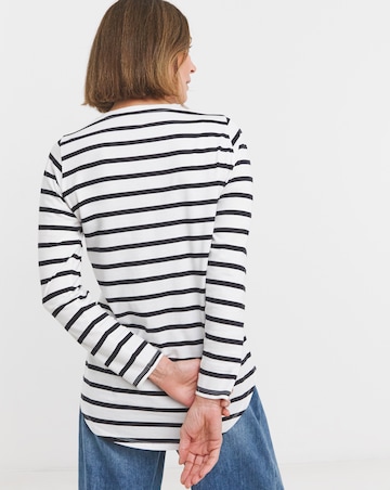 Pure Cotton Stripe Long Sleeve Longline Curved Hem Top