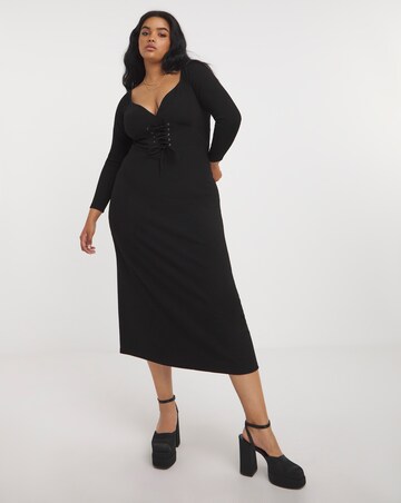 Black Corset Detail Rib Midi Dress