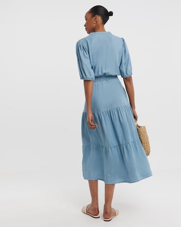 Blue Shirred Bodice Tiered Midi Dress