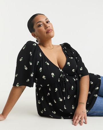 Simply Be Black Ditsy Crinkle Short Sleeve Tie Front Blouse