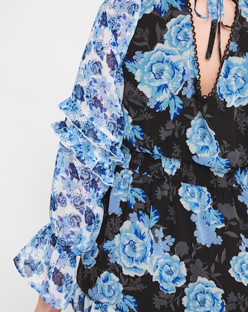 Blue Floral Shirred V-Neck Peplum Blouse with Frill Detail