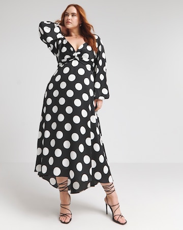 Flounce London Long Sleeve Black White Spot Midaxi Dress