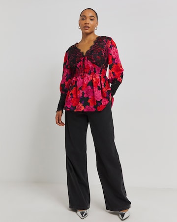 Lace Detail Shirred Waist Blouse with Puff Sleeves and Lace Cuffs