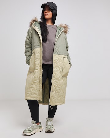 Green Colourblock Quilted Longline Coat