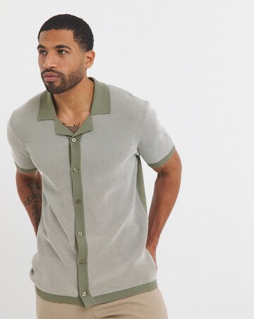 Green Textured Knit Cuban Collar Shirt