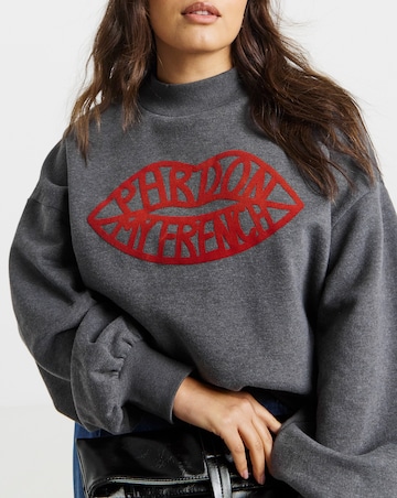 Simply Be Charcoal Marl Pardon My French Flocked Graphic High Neck Sweatshirt