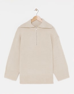 Oatmeal Zip Neck Longline Jumper