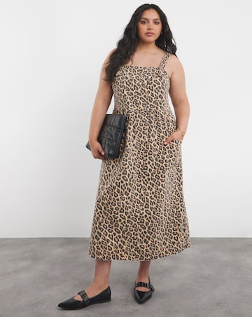 Leopard Print Midaxi Denim Pinafore Dress