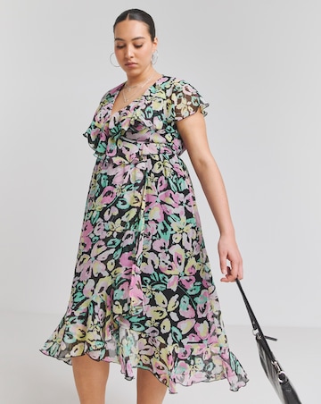 Floral Print Ruffle Front Wrap Midi Dress