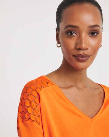 Orange V Neck Lace Back Long Sleeve Top