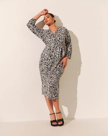 Mono Print Plisse Wrap Front Midi Dress