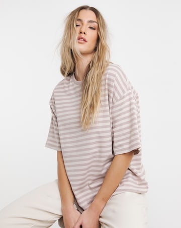 Simply Be Mocha & Ecru Stripe Oversized Slouchy Crew Neck T-Shirt