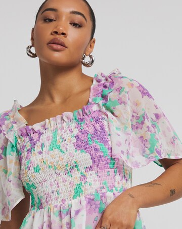 Floral Print Occasion Shirred Square Neck Blouse