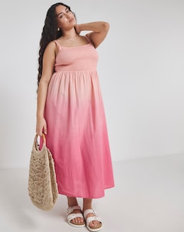 Pink Ombre Shirred Midi Dress