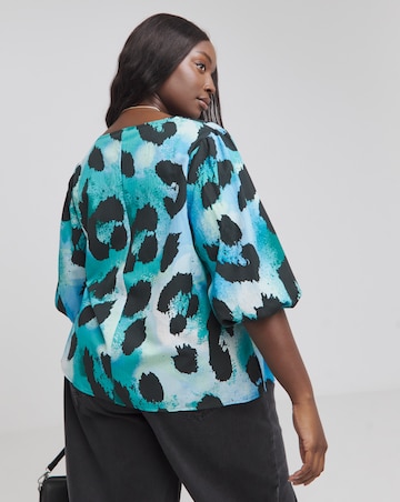 Blue Animal V Neck Puff Sleeve Blouse