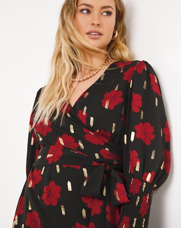 Black Floral Shirred Cuff Wrap Dress With Gold Foil
