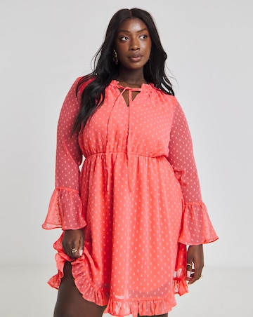 Pink Dobby Tie Neck Skater Dress
