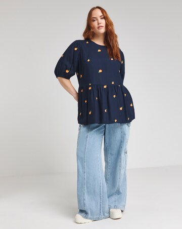 Simply Be Navy Blue Embroidered Peach Peplum Blouse
