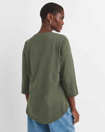 Khaki 3/4 Sleeve Curved Hem Longline Top