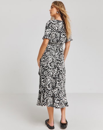 Mono Print Crinkle Wrap Midi Dress