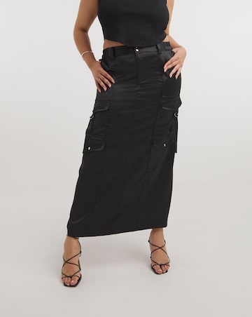 Black Satin Cargo Midaxi Skirt