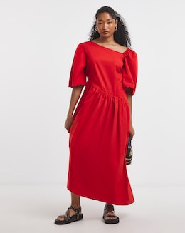 Native Youth Red Tiered Asymmetric Midaxi Dress
