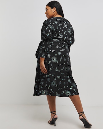 Foil Cosmic Print Wrap Midi Dress With Shirred Cuff