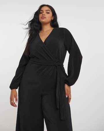 Black Wide Leg Belted Plisse Jumpsuit