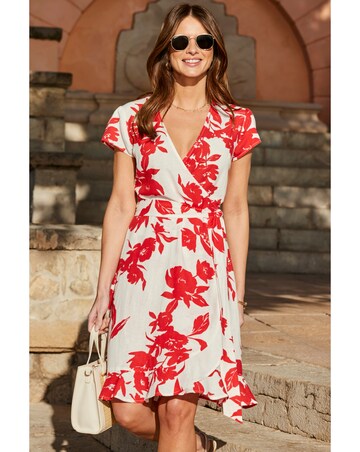 Floral Printed Linen Belted Angel Sleeve Wrap Fit and Flare