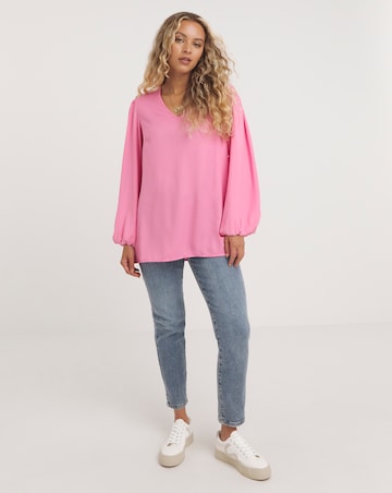 Pink Long Sleeve V Neck Woven Boxy Blouse