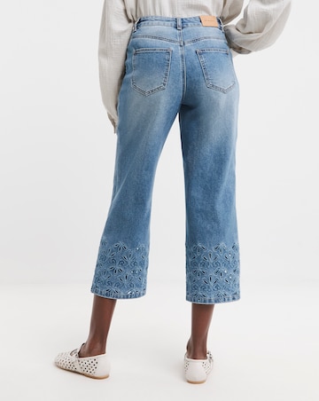Mid Blue Broderie Straight Leg Crop Jeans