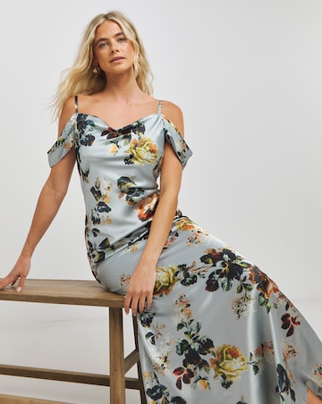Hope & Ivy Floral Off The Shoulder Satin Dress