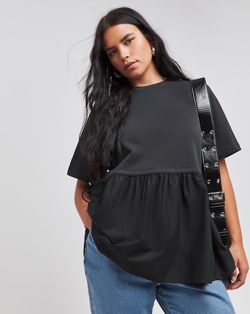 Simply Be Black Jersey Poplin Mix Drawstring Waist Smock Top