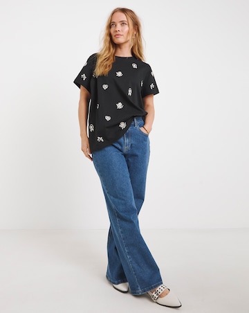 Simply Be Black Ditsy Embroidery T-Shirt