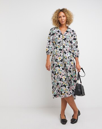 Floral Front Shirt Dress With Open Neck