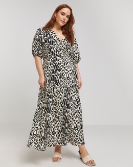 Lovedrobe Animal Print Wrap Front Puff Sleeve Midi Dress