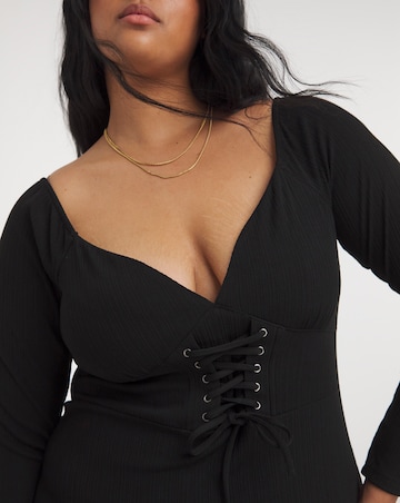 Black Corset Detail Rib Midi Dress