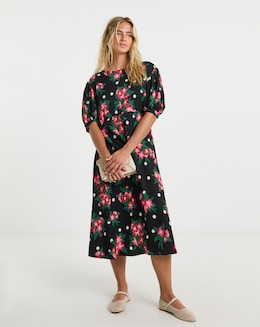 Mixed Print Waffle Puff Sleeve A Line Midi Dress