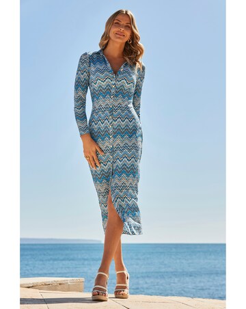 Sosandar Chevron Crochet Detail Jersey Midi Shirt Dress