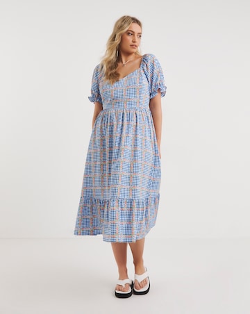 Gingham Print Sweetheart Neck Midi Dress