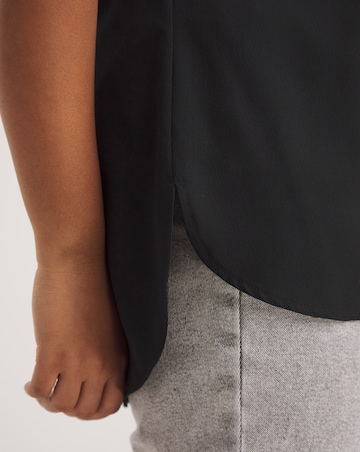 Black Roll Sleeve Dip Back Woven Boxy Blouse