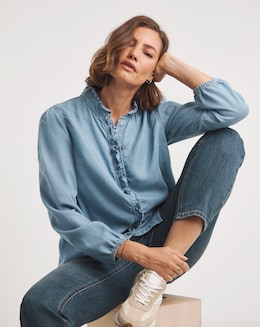 Mid Blue Ruffle Lyocell Denim Shirt