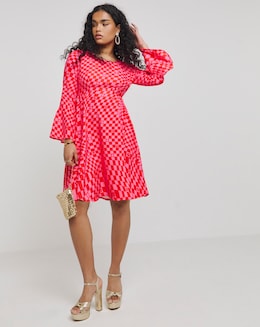 Twisted Wunder Pink Flower Check Flared Sleeve Mini Dress