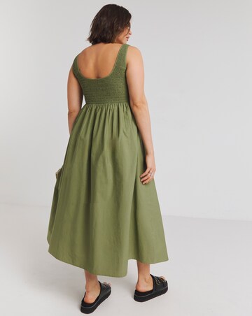 Khaki Shirred Poplin Midi Sundress