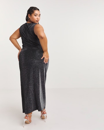 Black Glitter Knit Split Maxi Column Dress