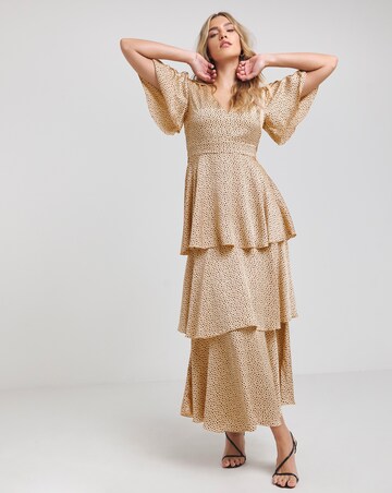 Flounce London Camel Black Spot Satin Tiered Maxi Dress