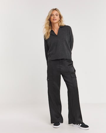 Black Stretch Satin Cargo Wide Leg Trousers
