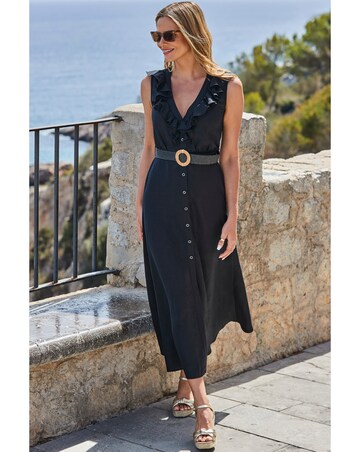 Sosandar Linen Blend Ruffle Detail Button Front Dress